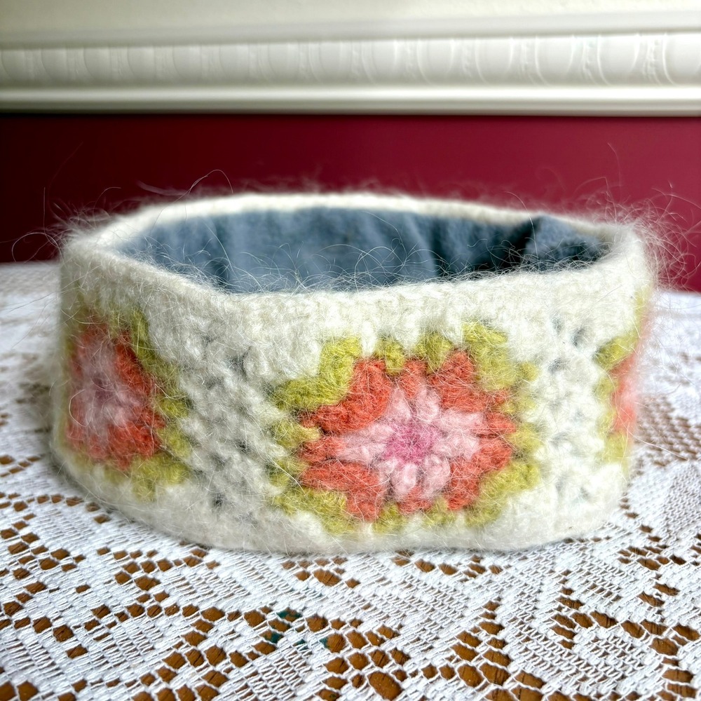 French Knot Mohair Wool Granny Square Crochet Fleece Lined Headband Ear Warmer